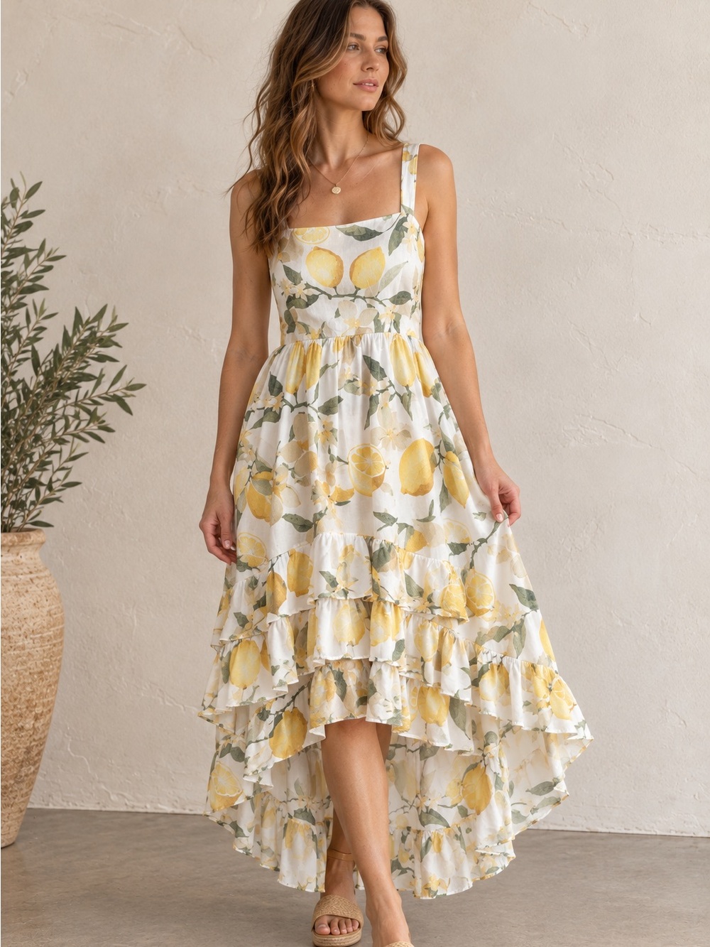 Trixxi Lemon Print Midi Dress High Low Ruffle Euro Summer Cottagecore Size L
